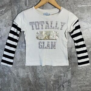 White and black striped‎ long sleeve shirt with silver glam graphic Kids Med 7-8